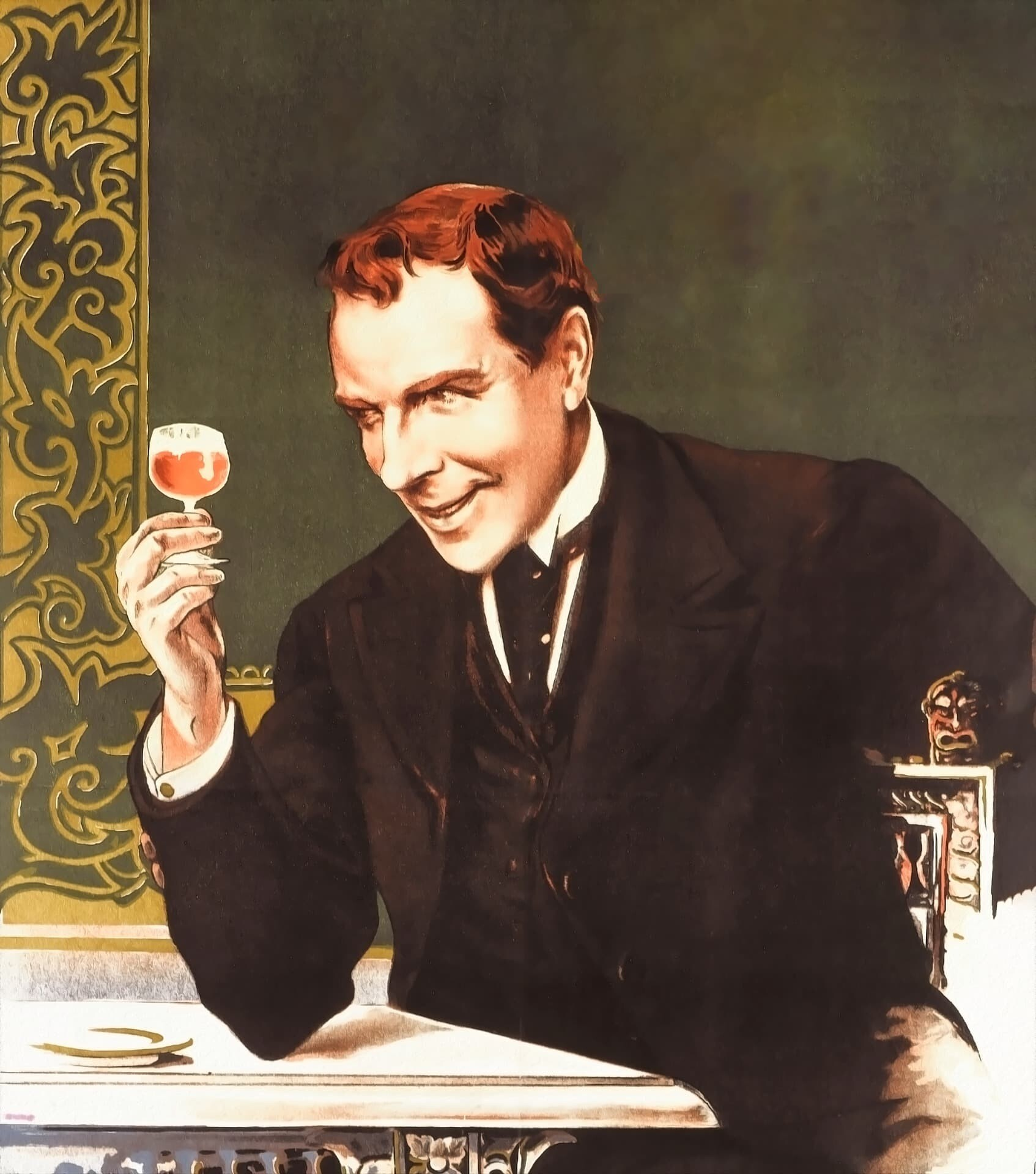 Prohibition era painting of man smiling at glass of alcohol